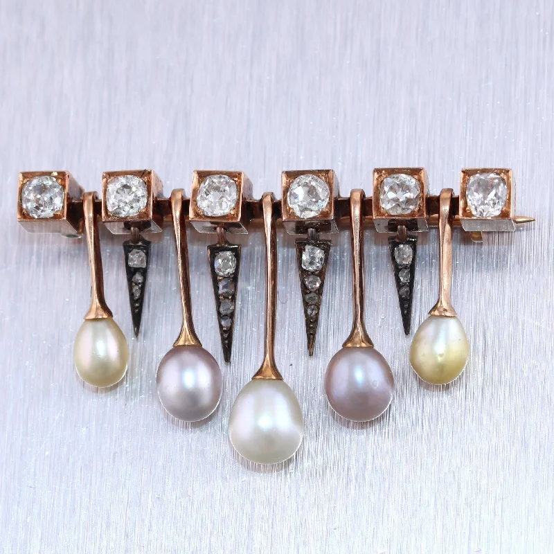 Stunning Jewelry At A Fraction Of The Price 1880's Antique Russian Tsar Era 56 Gold 1.75ctw Diamond & Pearl Pin Brooch