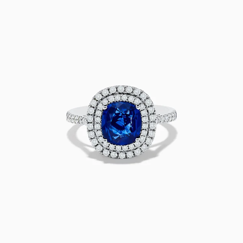 Shop Dazzling Jewelry With Special Promotional Discounts 18K White Gold Blue Sapphire and Diamond Double Halo Ring