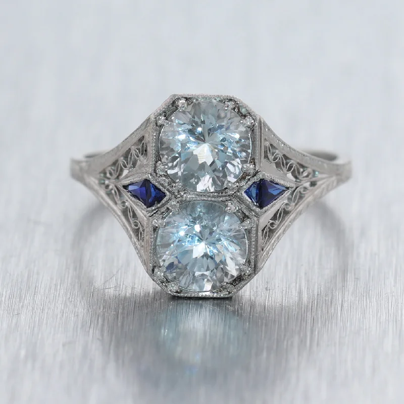 Your Perfect Accessory Now At The Best Price 1920's Antique Art Deco Platinum 2.60ctw Aquamarine & Sapphire Filigree Ring