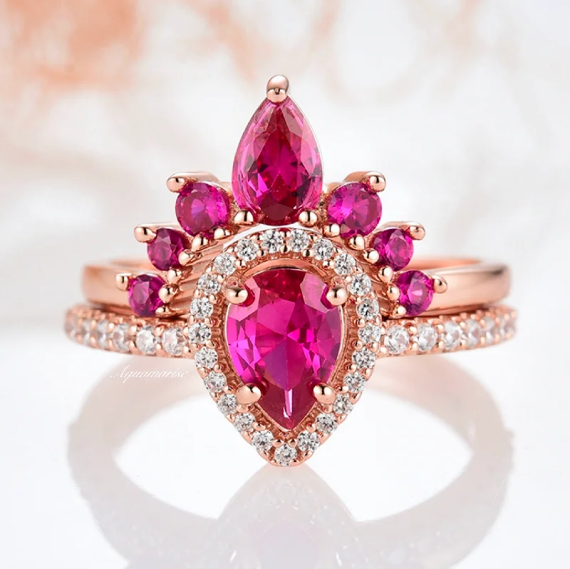 Amy Teardrop Ruby Ring Set- 14K Rose Gold Vermeil