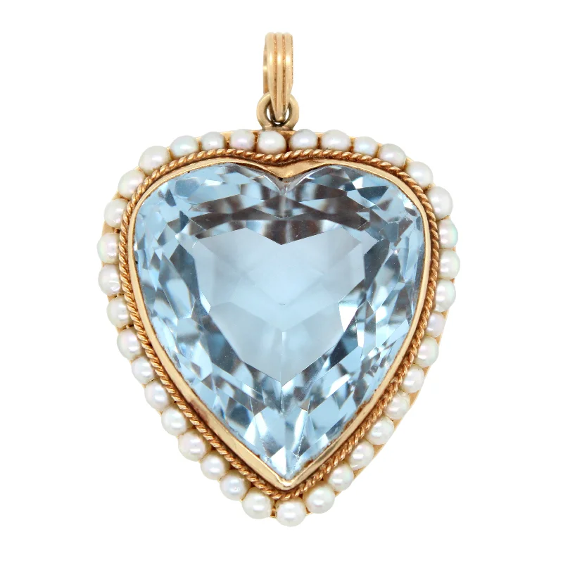 The Ultimate Jewelry Sale – Shop Premium Styles Antique Art Deco 34ct Aquamarine Heart Pendant with Pearls in 14k Yellow Gold