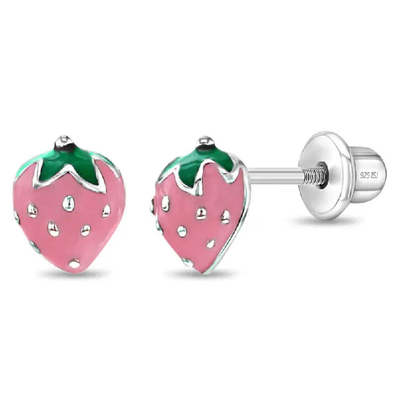 Children's Sterling Silver Enamel Strawberry Stud Earrings- Pink