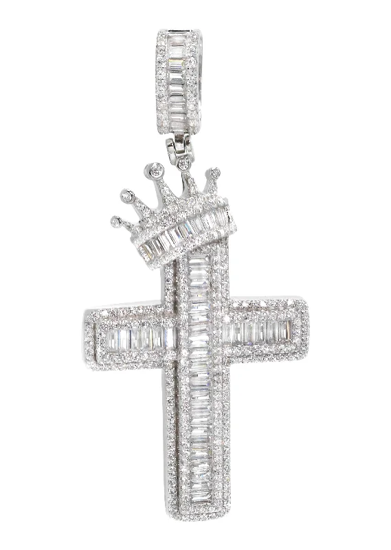 Silver Pendant - Silver Crown Cross Baguette Pendant | Appx 9.4 Grams