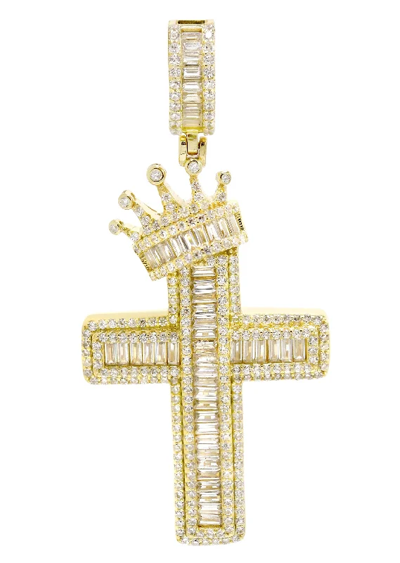 Silver Pendant - Gold Crown Cross Baguette Pendant | Appx 9.5 Grams