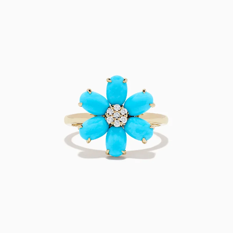 Jewelry Clearance Event – Stock Up Before It's Over 14K Yellow Gold Turquoise and Diamond Flower Ring, 2.26 TCW