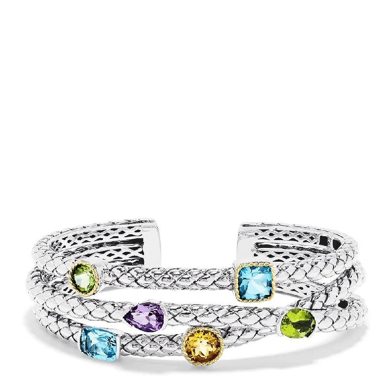 Versatile Layering Jewelry For Effortless Chic 925 Sterling Silver & 18K Yellow Gold Multi Gemstone Cuff, 9.00 TCW