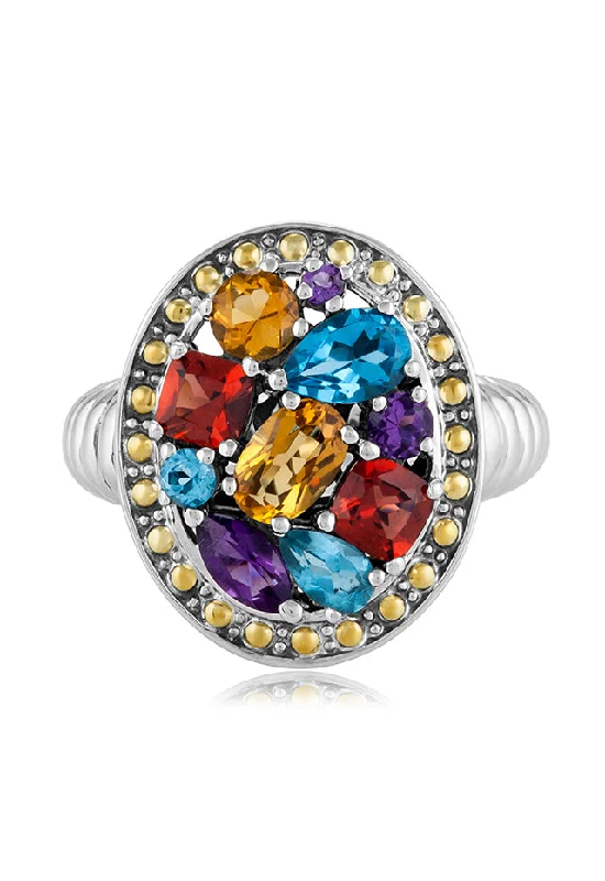 Dainty Floral Jewelry For Feminine Elegance 925 Sterling Silver & 18K Yellow Gold Multi Gemstone Ring, 2.40 TCW