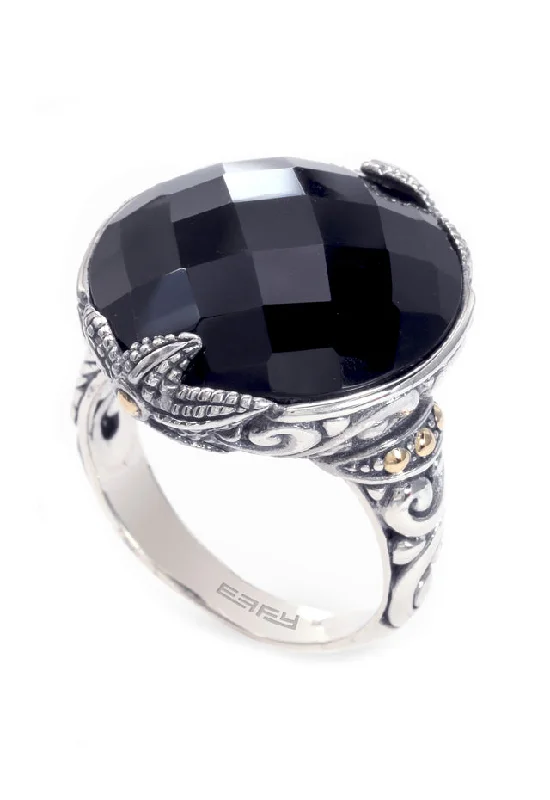 Handcrafted Jewelry Sale – Unique Designs At Low Prices 925 Sterling Silver and 18K Yellow Gold Onyx Ring, 12.65 TCW