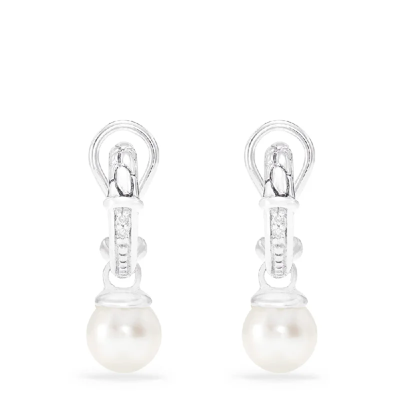 Breathtaking Jewelry, Breathtaking Prices 925 Sterling Silver Cultured Pearl and Diamond Earrings, 0.03 TCW