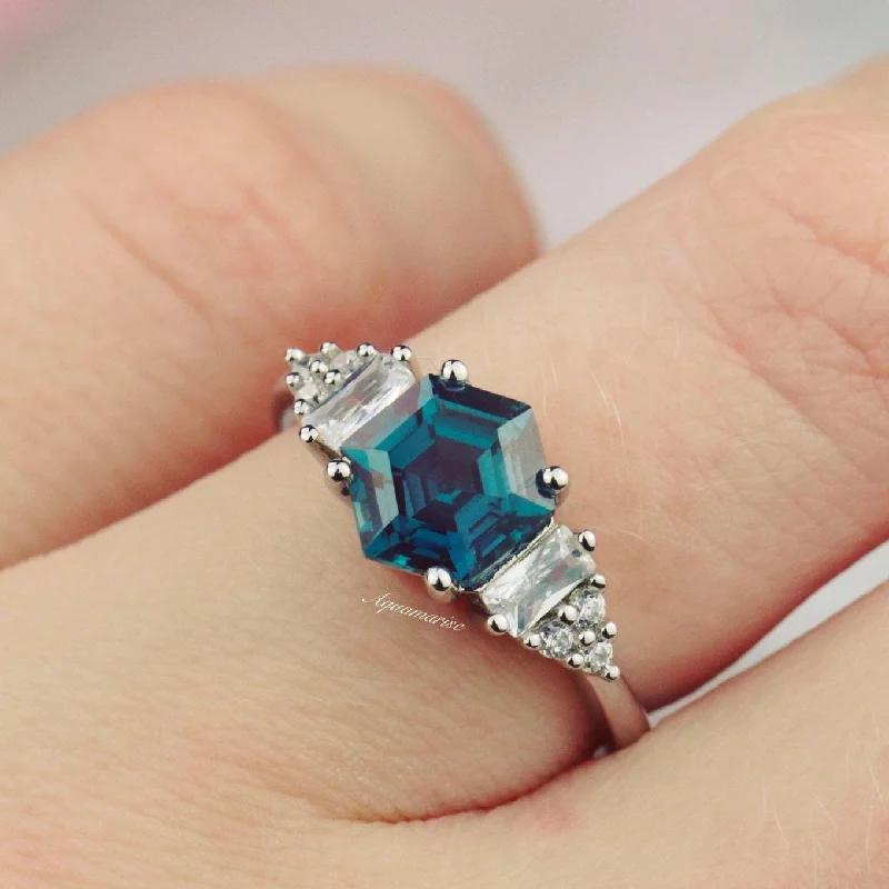 Hexagon Alexandrite Ring- Sterling Silver