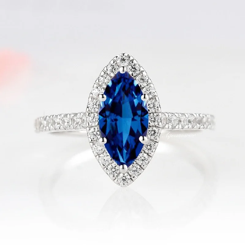 Valeria Marquise Halo Blue Sapphire Ring- Sterling Silver