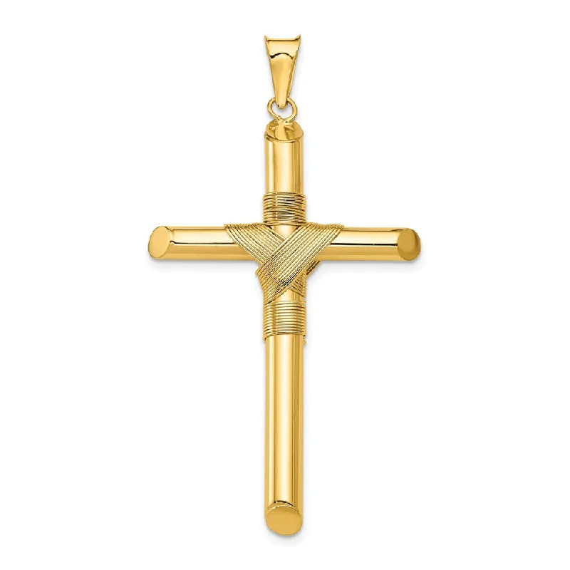 Men's 14k Yellow Gold Hollow Tube Rope Cross Pendant