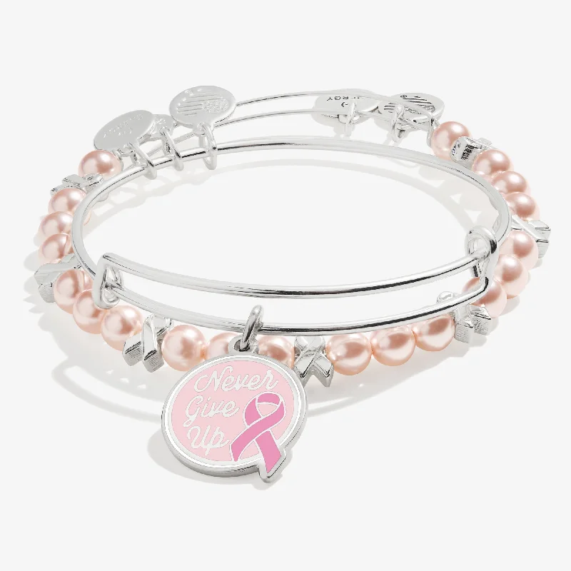 The Biggest Jewelry Sale Of The Year Is Here 'Never Give Up' Breast Cancer Awareness Charm Bangles, Set of 2