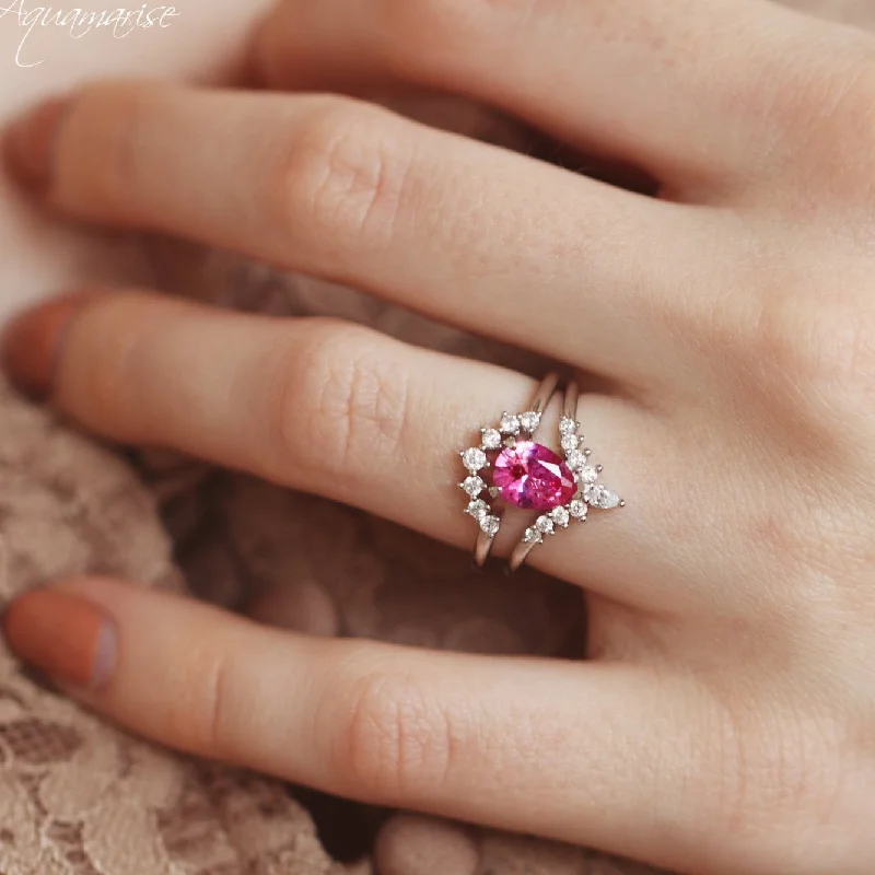 Lunette Pink Sapphire Ring Set- Sterling Silver