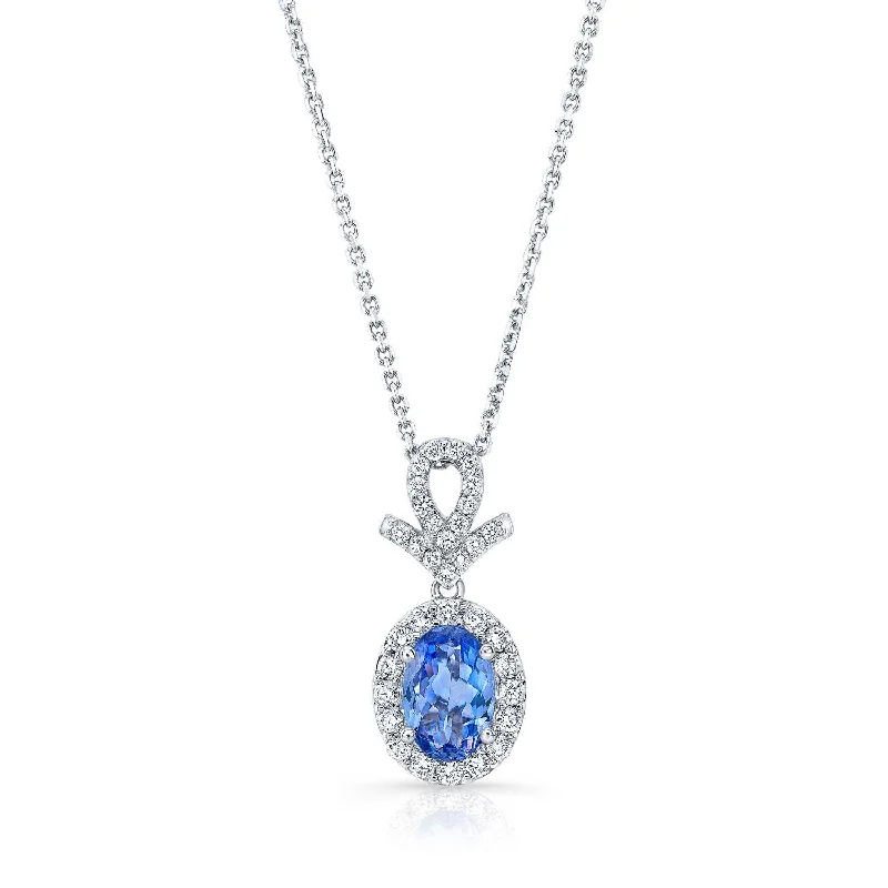 Sapphire Oval And Pave Diamond Halo Pendant In 14k White Gold