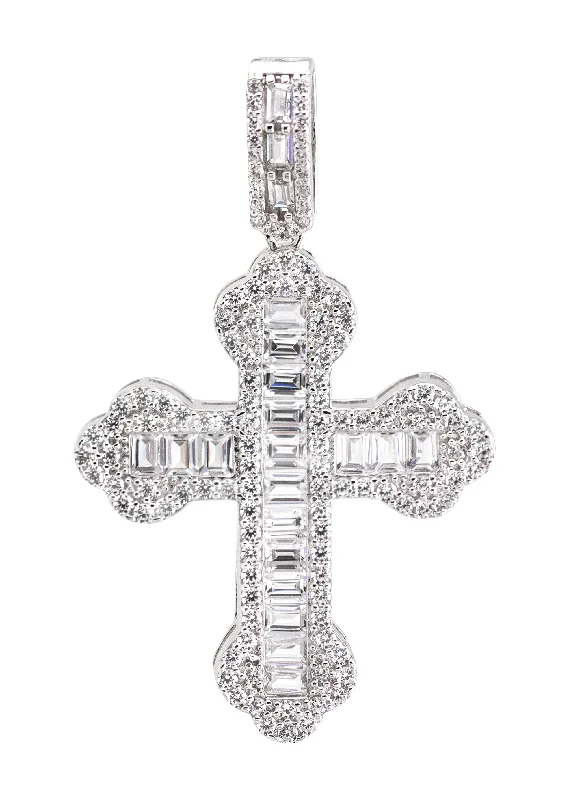 Silver Pendant - White Gold Cross Baguette Pendant | Appx 5 Grams