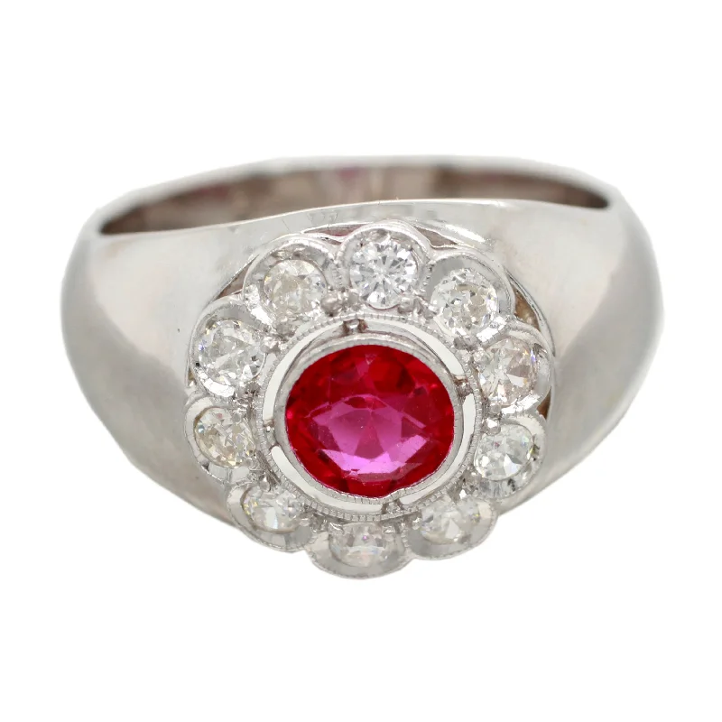 Special Offers On Handcrafted And Designer Jewelry Antique Art Deco 0.75ct Ruby and Diamond Flower Band Ring in 18k White Gold